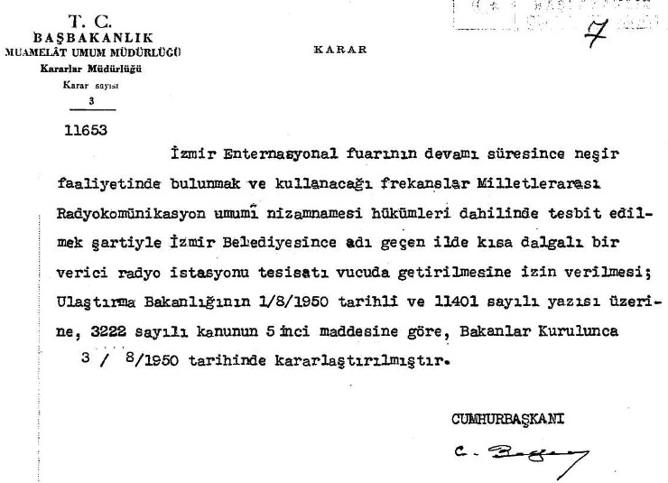 İzmir Radyosunun Yayın İznine Dair Bakanlar Kurulu Kararı